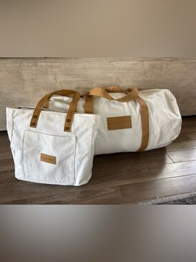 Cozy Earth Canvas Weekender Duffle & Tote Set Cream Leather Trim Travel Bag Set